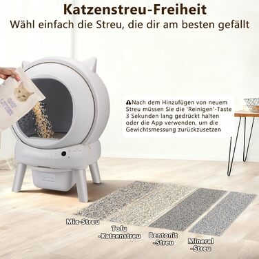 Автоматичний лоток для котів Katzenklo Selbstreinigend 73L з додатком, датчиками безпеки, захистом від запаху та моніторингом здоров'я. Підходить для кількох котів. Коврик для котячого туалету в комплекті. Колір: сірий.