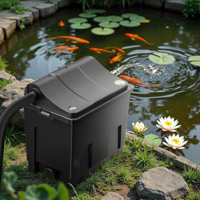 Біофільтр SunSun CBF-200U з 9W УФ-лампою для ставка з коропами, продуктивність 6000 л/год, з фільтруючим матеріалом, однокамерний проточний фільтр