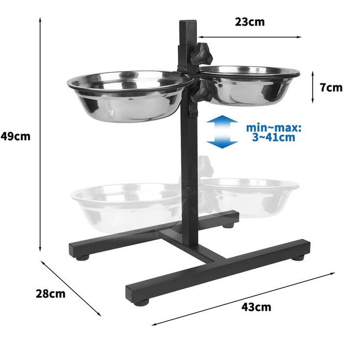 Підвищений годівниця для собак та котів 2-в-1, 4 регульовані висоти, підставка Anti-Slip з нержавіючої сталі, для всіх порід (1-2 миски)