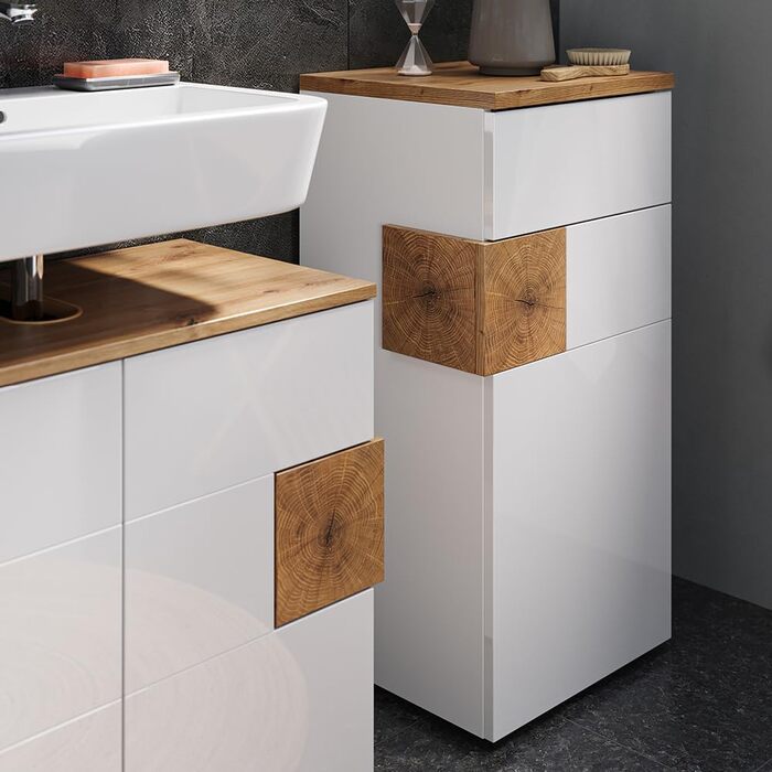 Шафа для ванної Vicco Eden, середня, 40x84 см, біла, декор під дуб (Artisan-Eiche)