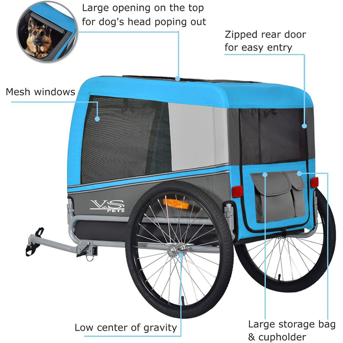 Тігго VS Pets L: Причіп для собак великого розміру, 270 л, для собак до 35 кг, складна конструкція, блакитний