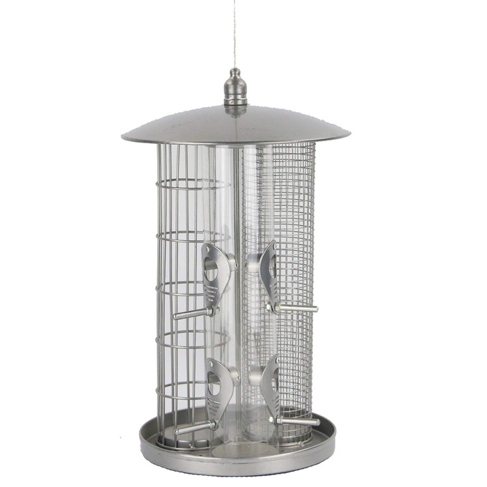 Годівниця для птахів Dehner Natura Premium Triple - 3 в 1, металева, срібна, Ø 22 см, 36.5 см