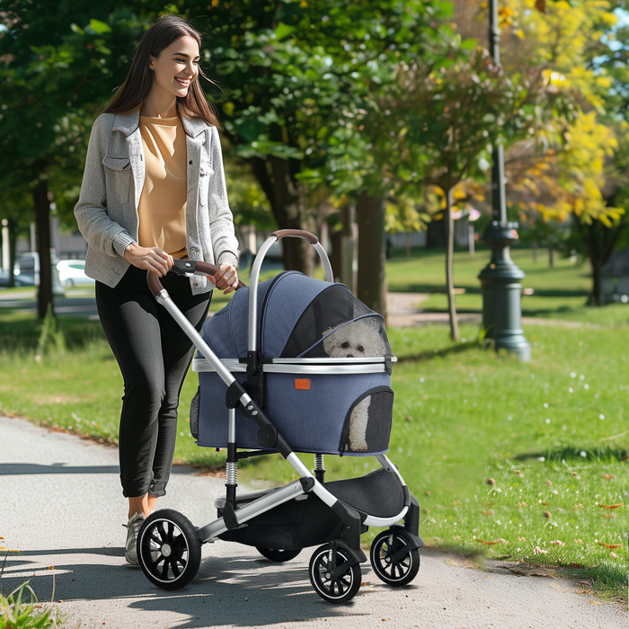 PawHut Коляска для собак 3 в 1 Dog Buggy Складна для собак і кішок до 10 кг Cat Buggy з подушкою Підстаканник Сітка Вікна Двері Кошик для зберігання Котяча коляска Баггі Dark Blue | Аосом