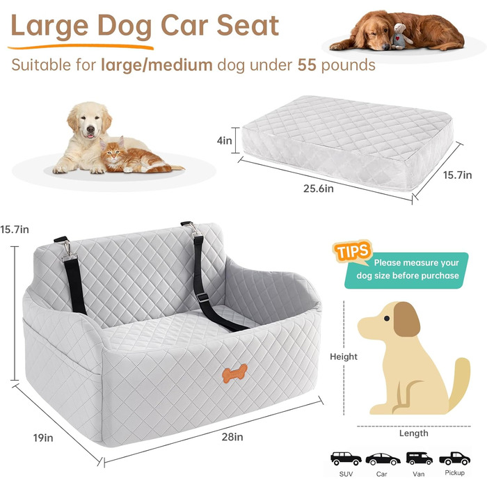 Підвищення для собак у авто, для собак до 25 кг або 2 маленьких собак, м'яке авто-ліжко для собак з Memory Foam, 2 страхувальні ремені та сумка для зберігання (Сірий)