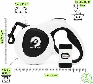 Рулетка для собак Snuggle Paws 5 м з LED-ліхтарем, диспенсером для пакетів, антивандальним сталевим тросом і світловідбиваючою стрічкою, для великих собак до 50 кг