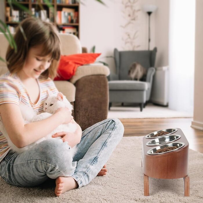 Набір мисок для котів JAZUIHA (3 шт.) з підняттям, ергономічні, 15° нахил, регульована висота, дерев'яний підставник, нержавіюча сталь Ø12 см, темно-коричневий