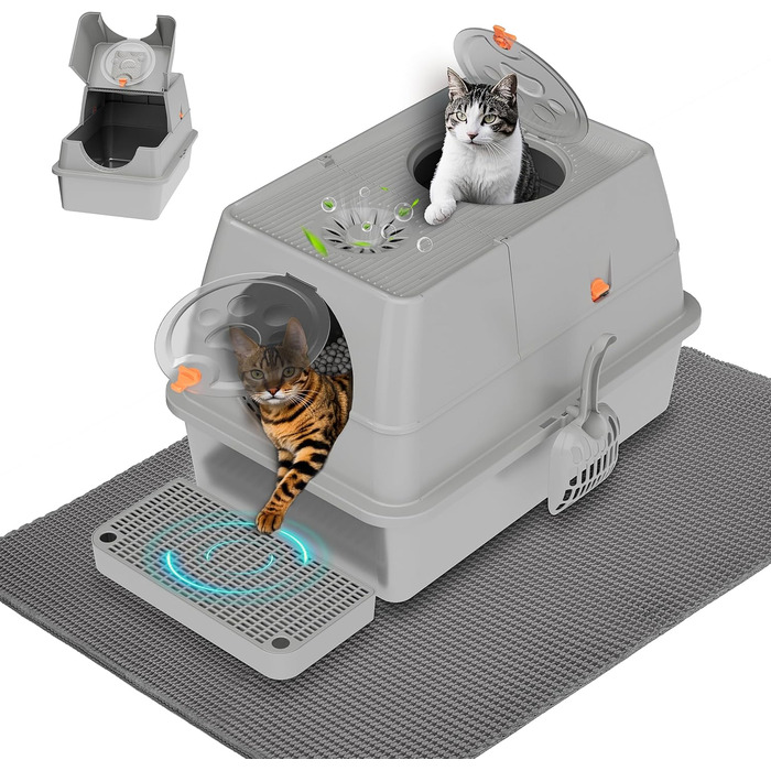 Місцезнаходження Katzenklo Edelstahl з кришкою, XXL туалет для котів закритий з двома відсіками для наповнювача, килимок для наповнювача та лопатка, двостулковий дизайн, легко чистити, утримує запах, сірий
