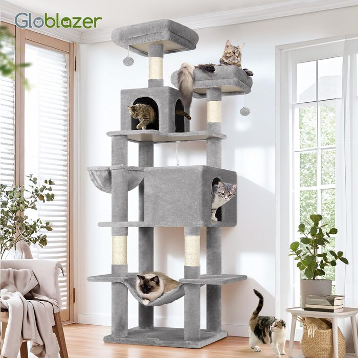 Драбина для котів Globlazer Kaktus XXL 195 см з 2 будиночками, 2 стійками, гамаком 50*33 см, кошиком. Стабільна драбина для кількох котів.