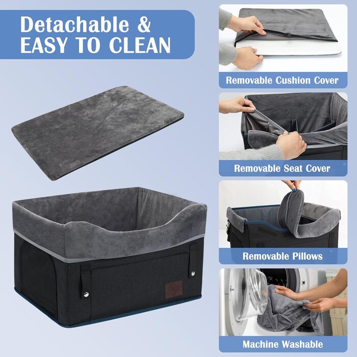 Автокрісло для собак PetsHome - підходить для маленьких собак, знімний, миючий, з кишенькою для зберігання, дихаюча тканина, страховка, регульовані ремені, чорний