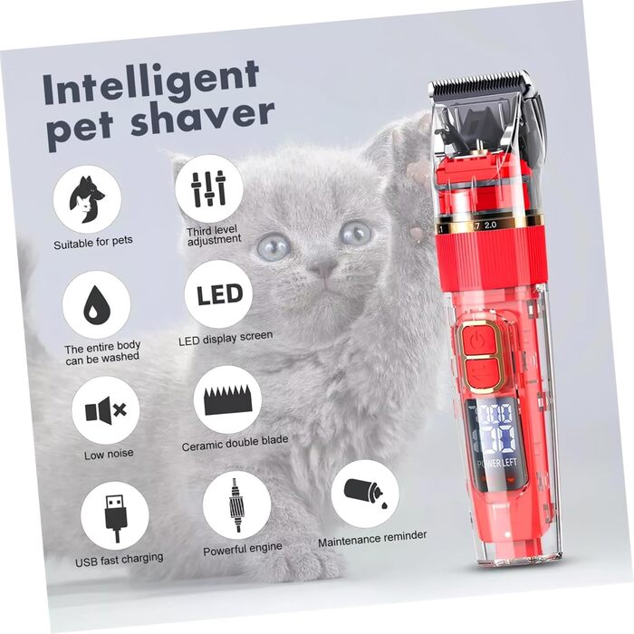 Безшумний бездротовий тример для домашніх тварин BESPORTBLE з LED-дисплеєм, миється, аксесуари для собак та котів, регульована швидкість, насадки-гребінці, 18.00x4.50x4.00 см, червоний