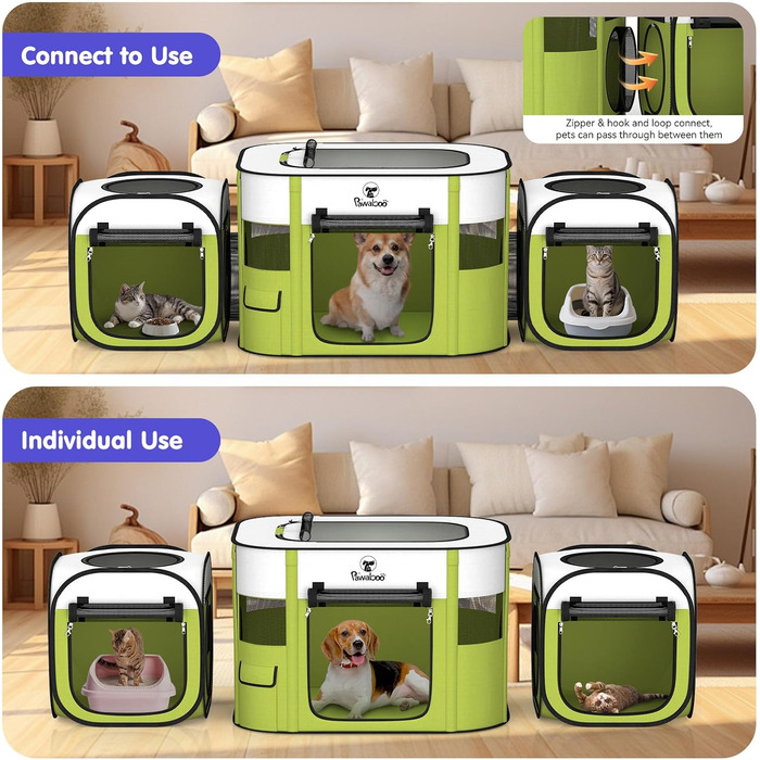 Pawaboo Зручний переносна клітка для тварин, розкладний вольєр для собак та котів з водонепроникного оксфорду, з сумкою для перенесення та мискою, для цуценят, котів, кроликів, для використання в приміщенні та на вулиці, зелений, 80x60x55 см (3-в-1 вольєр