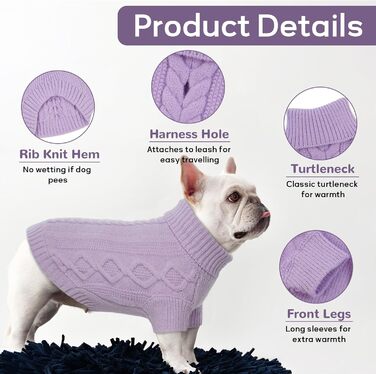 Пуловер для собак - простий та елегантний, теплий, з отвором для повідка, для середніх собак, Французький бульдог (Lila M) M(Обхват грудей 44см, довжина спини 34см), фіолетовий