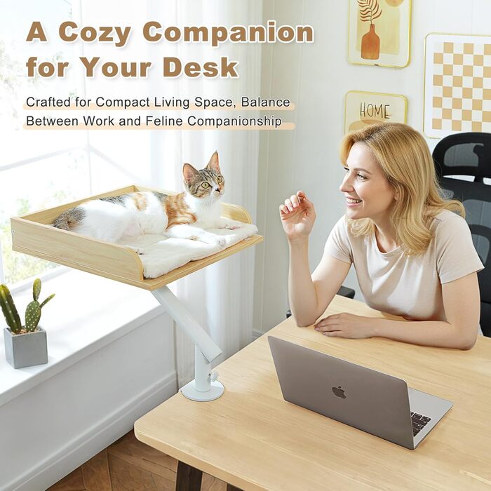 PAWZ Road: ліжко для кота на стіл, дерев'яне ліжко для котів, кошик для котів, 360° обертання та регулювання висоти, гамак для котів для дряпання, підтримує до 23 кг (Бежевий, прямокутне дерево)