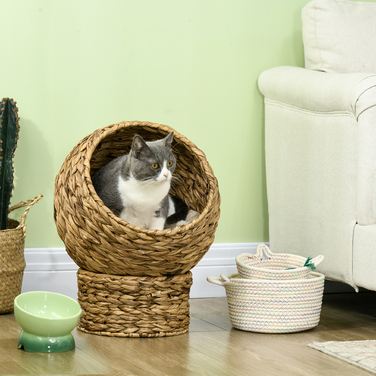 PawHut Rattan Cat Basket Ліжко для кішок з подушкою 42x33x52см з водного гіацинта, зручне & світло-коричневе для кішок