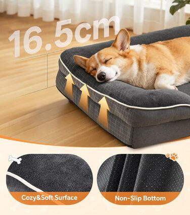 Ортопедичне ліжко для собак великого розміру, м'яке плюшеве, з антиковзною основою, для собак та котів, сіре, 89x63x16 см, знімний чохол