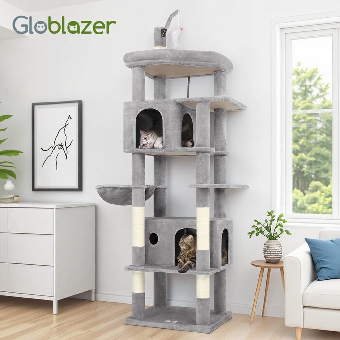 Комплекс для котів Globlazer Kratzbaum 188 см з 2 будиночками, платформами, кошиком та іграшками - світло-сірий