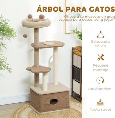 Кігтеточка PawHut для котів, 133 см: багатоярусна з платформами, кулькою та стійкою з джуту, коричнева