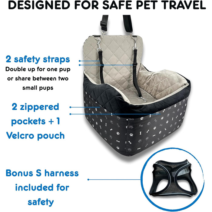 Автокрісло для собак, Memory Foam, з товстим подушками, для собак середніх розмірів до 15,9 кг, 3 кишені на блискавці, 2 ремені безпеки, шлейка в комплекті, чорний колір, розмір S