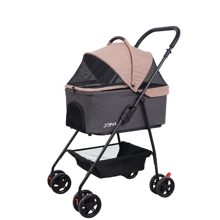Складаний візок для тварин Tierwagen для собак та котів, легкий та компактний, знімний кошик, темно-персиковий/темно-сірий