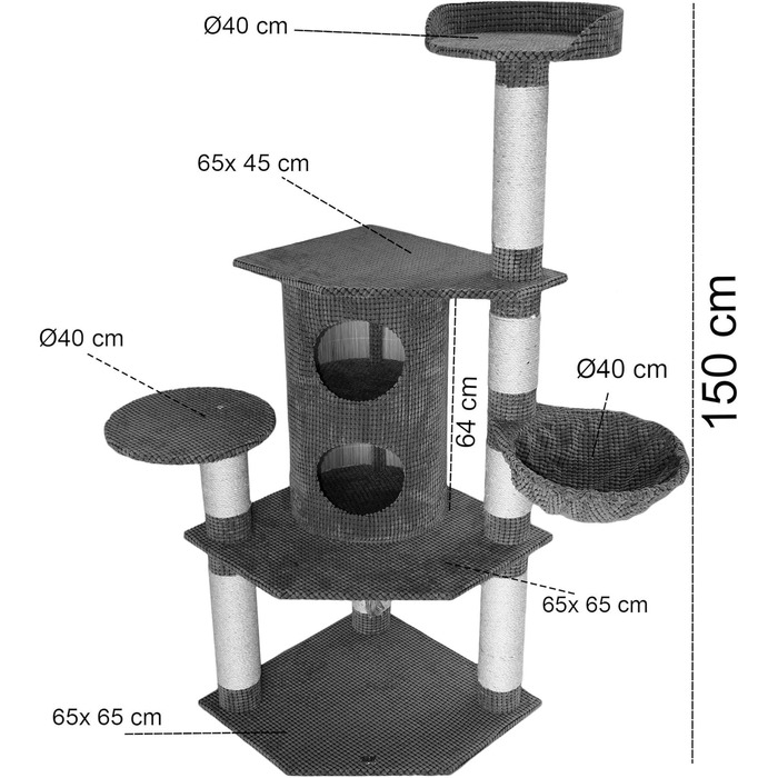 Драбина-кіготь для котів Bontoy Betty Pro сірого кольору, 65x65x176 см, з 12 см сизалевих стовпів, великий будиночок для котів, підходить для великих котів, стабільна