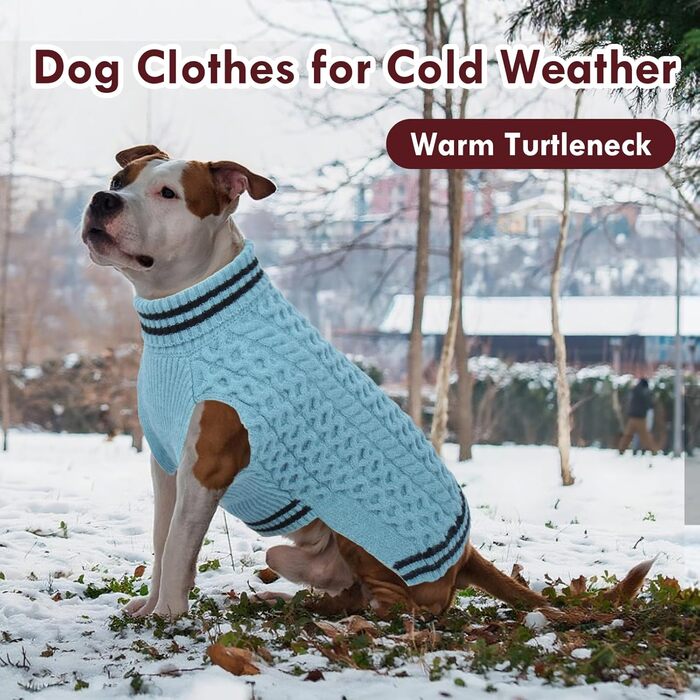 Синій теплий зимовий пуловер для собак середнього розміру з коміром-горловиною, в'язаний з косами, для дівчаток, XXXXL (тепла собача одіяння, набір, для холодної погоди, на Різдво)