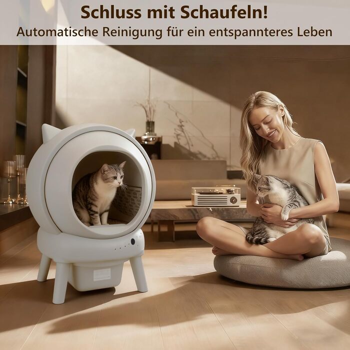 Автоматичний лоток для котів Katzenklo Selbstreinigend 73L з додатком, датчиками безпеки, захистом від запаху та моніторингом здоров'я. Підходить для кількох котів. Коврик для котячого туалету в комплекті. Колір: сірий.