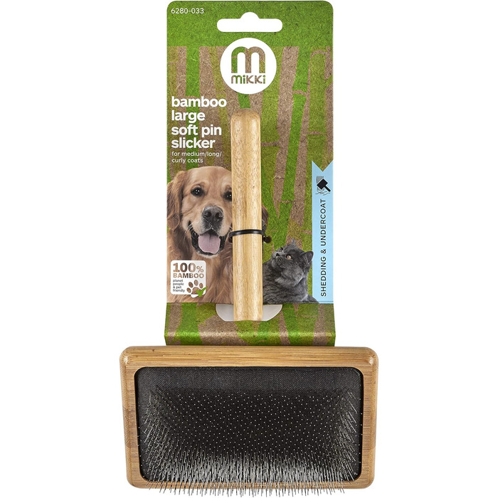Щітка для грумінгу Mikki 6280033 з бамбука з кулькоподібними кінчиками для середньої/довгої/кучерявої шерсті собак та котів, велика, L, 99 г, коричнева