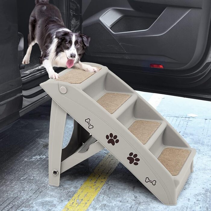 Сходинка для домашніх тварин GYMAX з 4 сходинками, складана, з пластику, з антиковзкими накладками, 4 килимки, трикутна структура, допомога у підйомі для котів та собак (Сірий)