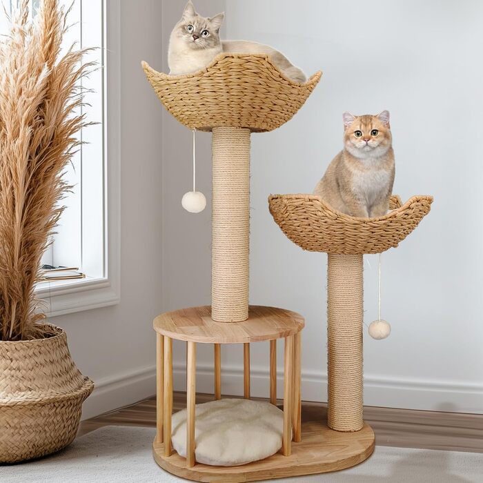 Дерев'яний кігтеточка для котів BingoPaw: сучасний комплекс 99 см з будиночком, м'ячиком та сизалевою колоною. Підходить для котів будь-якого віку.