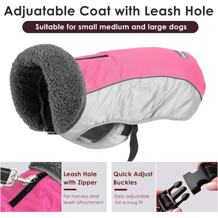 Зимовий одяг для собак, тепла куртка з світловідбиваючими смугами, водонепроникний пуловер на Різдво з отвором для шлейки, тепла жилетка для собак малих, середніх та великих порід (Рожевий, M)