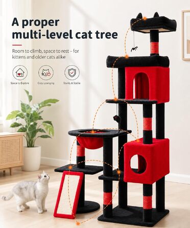 Комплекс для котів Kratzbaum XL 173 см: Дряпка-стовпчик з печерами, платформами, кошиком та іграшками (PMT02DG, Чорний+Червоний)
