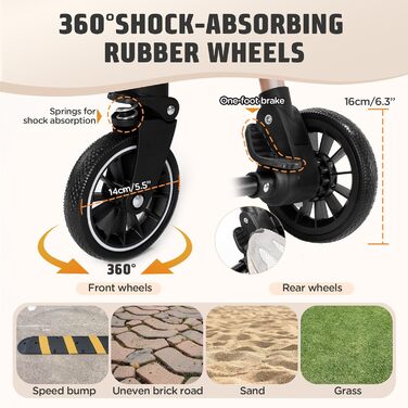 Візок для котів та собак Gimars 20кг, 4-в-1, складання, поворот 360°, гумові колеса, гальмо, захист від дощу, регульована ручка, хакі