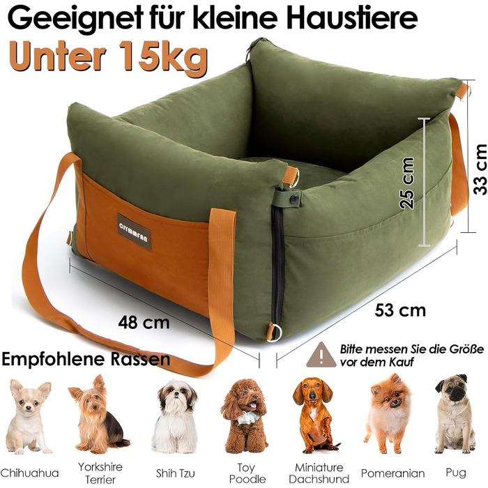 Автомобільний лежак для собак маленьких та середніх порід (до 15 кг), з висувною зоною відпочинку, знімний та пральний, з кишенями та ременем безпеки, зелений