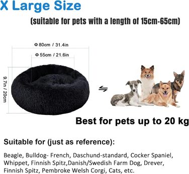 Зручне заспокійливе ліжко для собак, велике, миється, Anti-Angst, ліжко-пончик, розкішне, тепле, м'яке, покращений сон, дивовижне ліжко для котів, затишне, з антиковзним дном, кругле, ліжко для цуценят Ø 80см Зовнішній діаметр (XL) Чорний