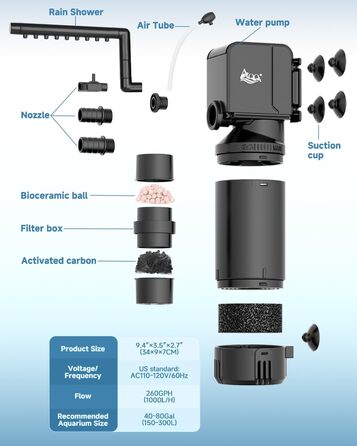 Фільтр для акваріума AQQA, 1400 л/год, тихий, для акваріумів 200-680 л (18W)