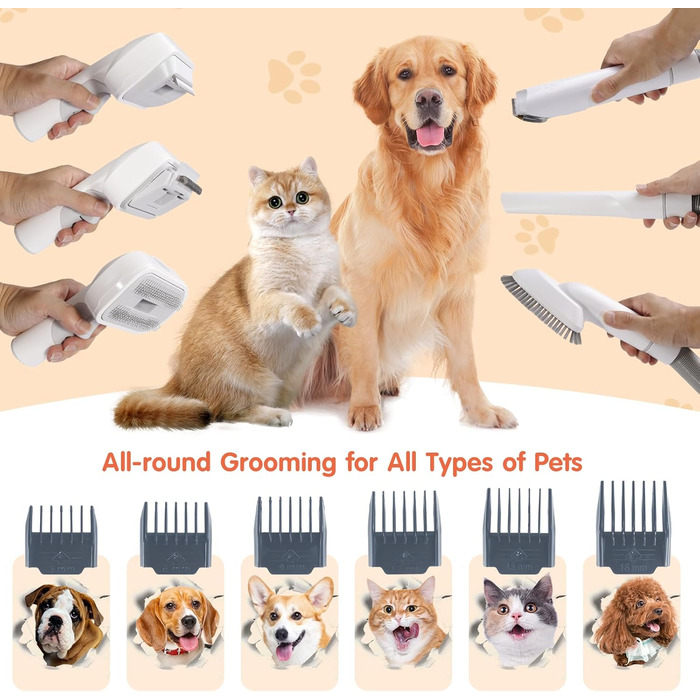 Машинка для стрижки собак з пилососом та щіткою, 12000Pa, тиха, 6-в-1, професійний набір для грумінгу домашніх тварин