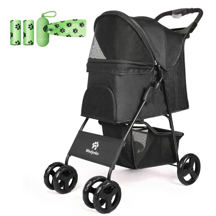 Дитяча коляска для тварин та дітей, складана, з кошиком для зберігання, поворотні колеса 360°, гальма, легка, чорна
