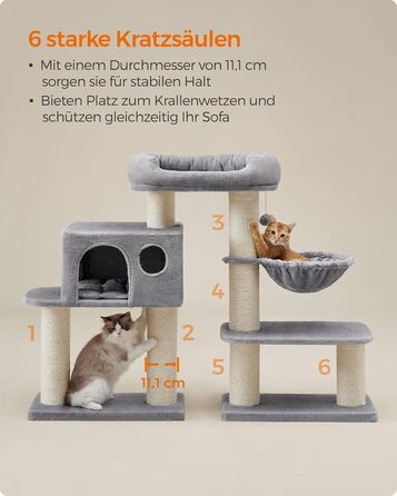 Драбина для котів Feandrea XXL: міцна, з 6 товстими стовпчиками, платформа, будиночок, кошик, сіра