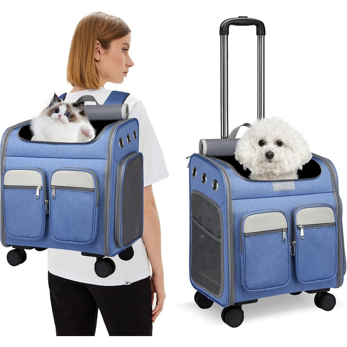 PETCUTE Рюкзак-переноска для котів та собак з візком 2 в 1 до 11 кг, складаний, з підкладкою, багатофункціональний, дихаючий, для подорожей (Блакитний)