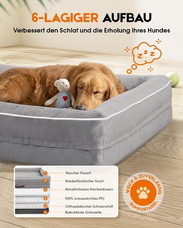 Ортопедичне ліжко для собак XL, корзина для собак, що можна прати, з піною у формі яйця, вологостійкий диван для собак з неслизьким дном та чотиристоронньою подушкою (світло-сірий, 117x76x19 см)