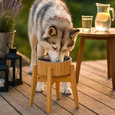Підвищений годівниця для собак з бамбука – комплект: миска, сталевий вкладиш, підставка – для великих собак – запобігає перекиданню – висота 35 см, діаметр 20 см