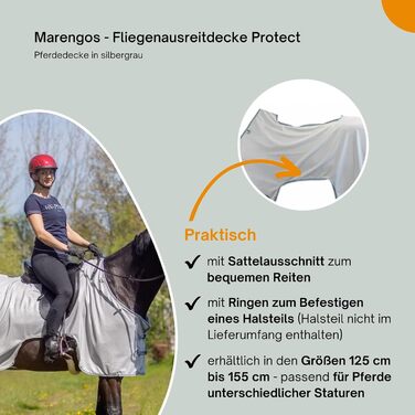 Маренгос - захисна попона для коня від мух, з вирізом під сідло, дрібна сіточка, знімний захист хвоста, для вулиці, сріблясто-сіра, 145 см