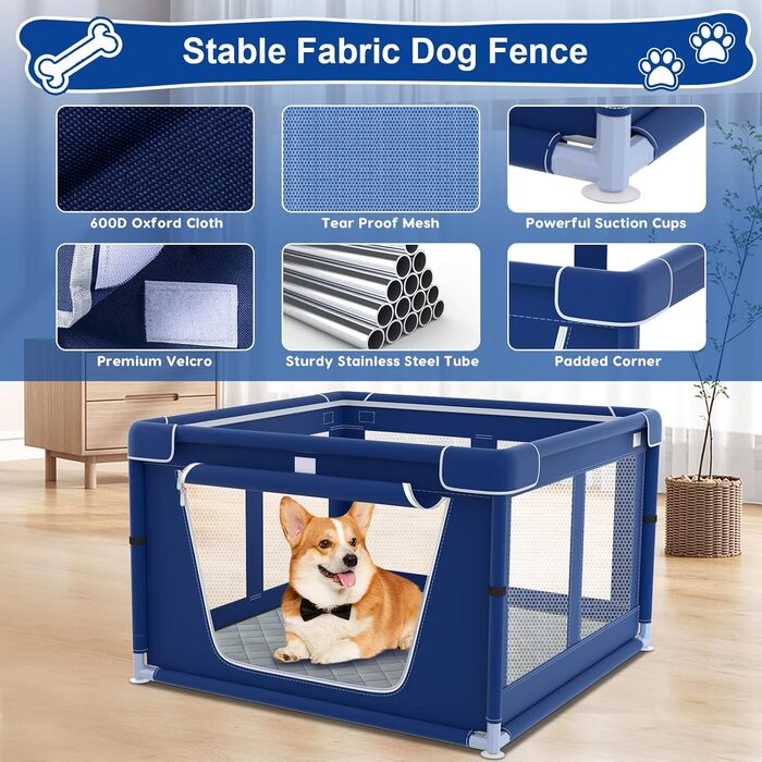 Клітка для цуценят XVISHX з підстилкою DogPads, 106,7 x 107,7 x 66 см, для собак та цуценят, для дому та вулиці, стабільна та безпечна, синього кольору