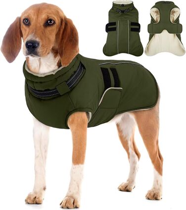 Зимова куртка та наталузка для собак IECOii, водонепроникна, з регулюванням, світловідбиваюча, з реміннем, розмір L, армійний зелений