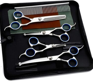 Набір професійних ножиць для собак з безпечними округлими кінчиками, нержавіюча сталь. Ножиці для грумінгу та догляду за шерстю собак та котів. Синій колір.