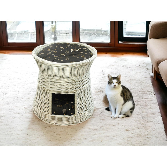 Кігтеточка-лежанка для котів: двоярусна хатинка з ротанга, 50 см, з подушкою (темно-коричнева)