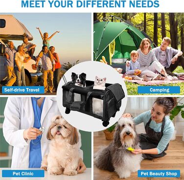 Транспортна переноска для котів та собак на 20 кг з 2 відділеннями, колесами та телескопічним ручками (чорна)