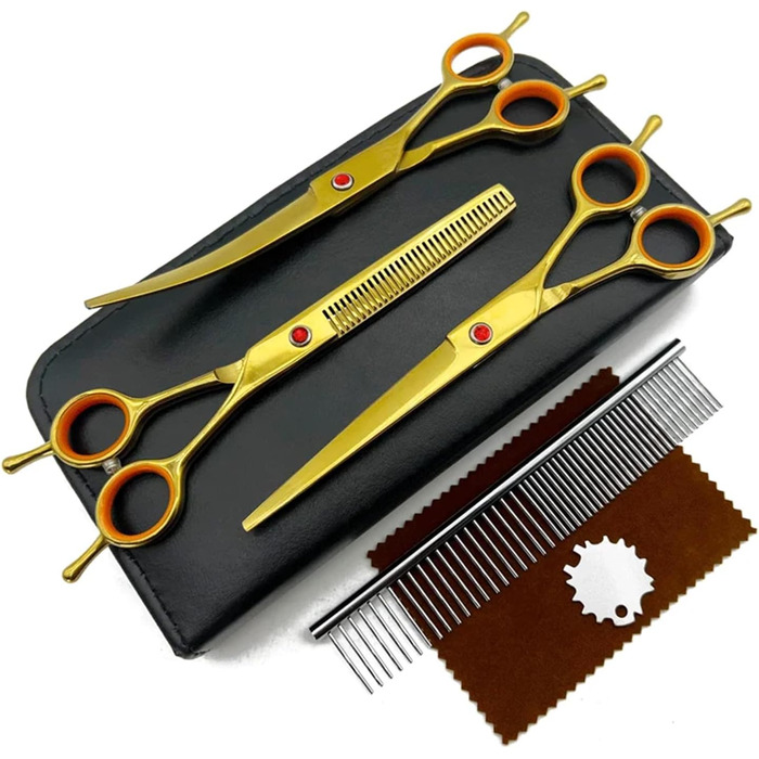 Ножиці для грумінгу собак та котів, нержавіюча сталь, професійний набір для догляду за шерстю, з вигнутими, прямими та розріджувальними ножицями (золотисто-жовтий)