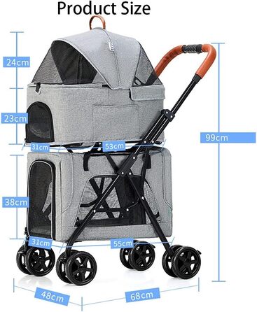 Двоповерховий візок для домашніх тварин, багатофункціональний 3-в-1, візок для котів, складаний візок для собак, для маленьких собак, легко складається, з переднім доступом, візок для 2 собак (сірий, розмір B)