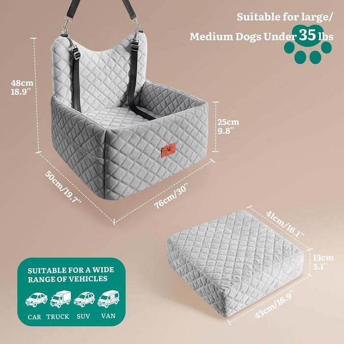 Ліжко-переноска для собак YITAHOME (до 25 кг), сіре, 50х50х48 см: з піною Memory, кишенями та ременями безпеки